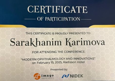 «Modern Ophthalmology and Innovations» konfransının iştirak sertifikatı
