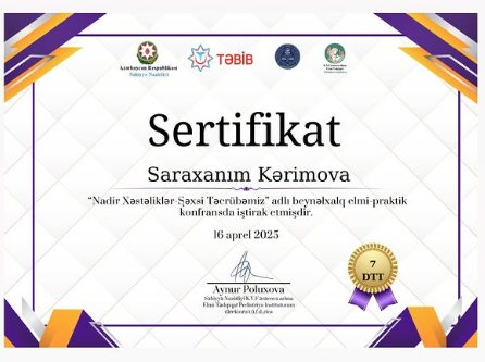 «Nadir xəstəliklər: şəxsi təcrübəmiz» konfransının sertifikatı