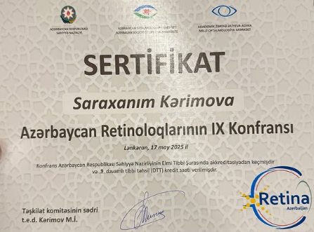 Azərbaycan Retinoloqlarının IX Konfransının sertifikatı